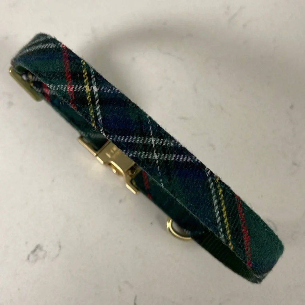 Holly Jolly Green Plaid Flannel Dog Collar Gold-tone Hardware Small-Medium X-MAS